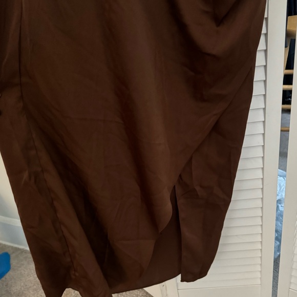 Chocolate satin midi dress. Off shoulder.  Midi length. Never once. - Picture 8 of 10